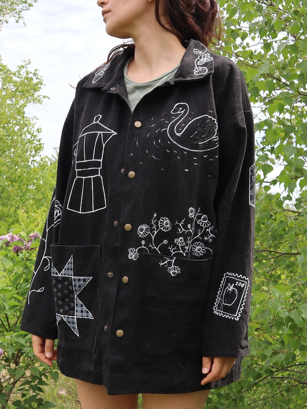 Upcycled Black Denim Jacket with White Folk Art Drawings L • XL - Picture 4 of 16